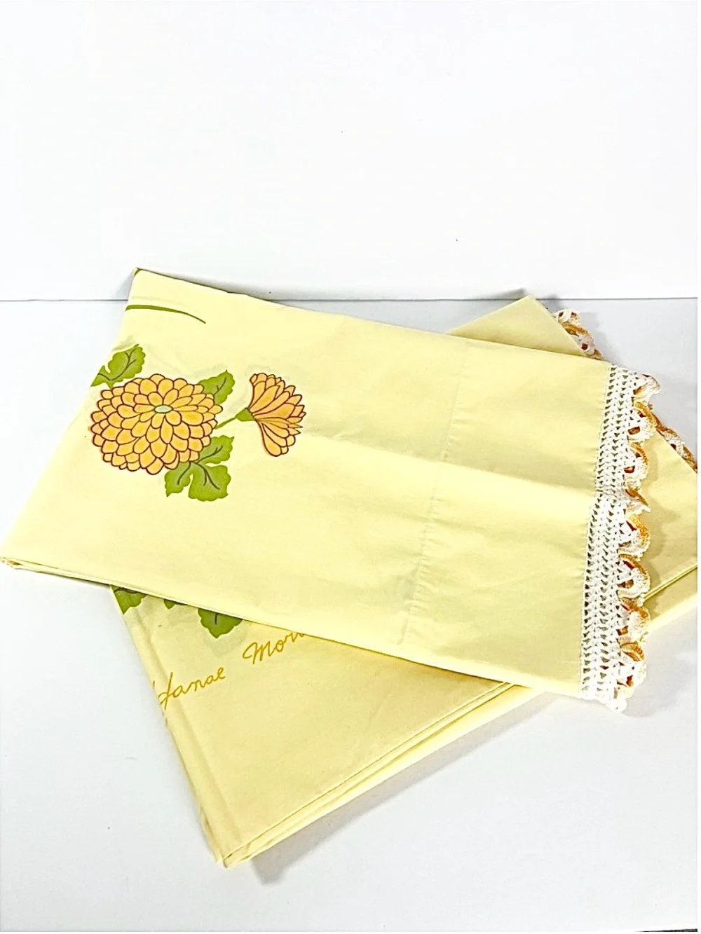 Vintage Martex Hanae Mori Yellow & Orange Flower Pillowcases crochet edges added